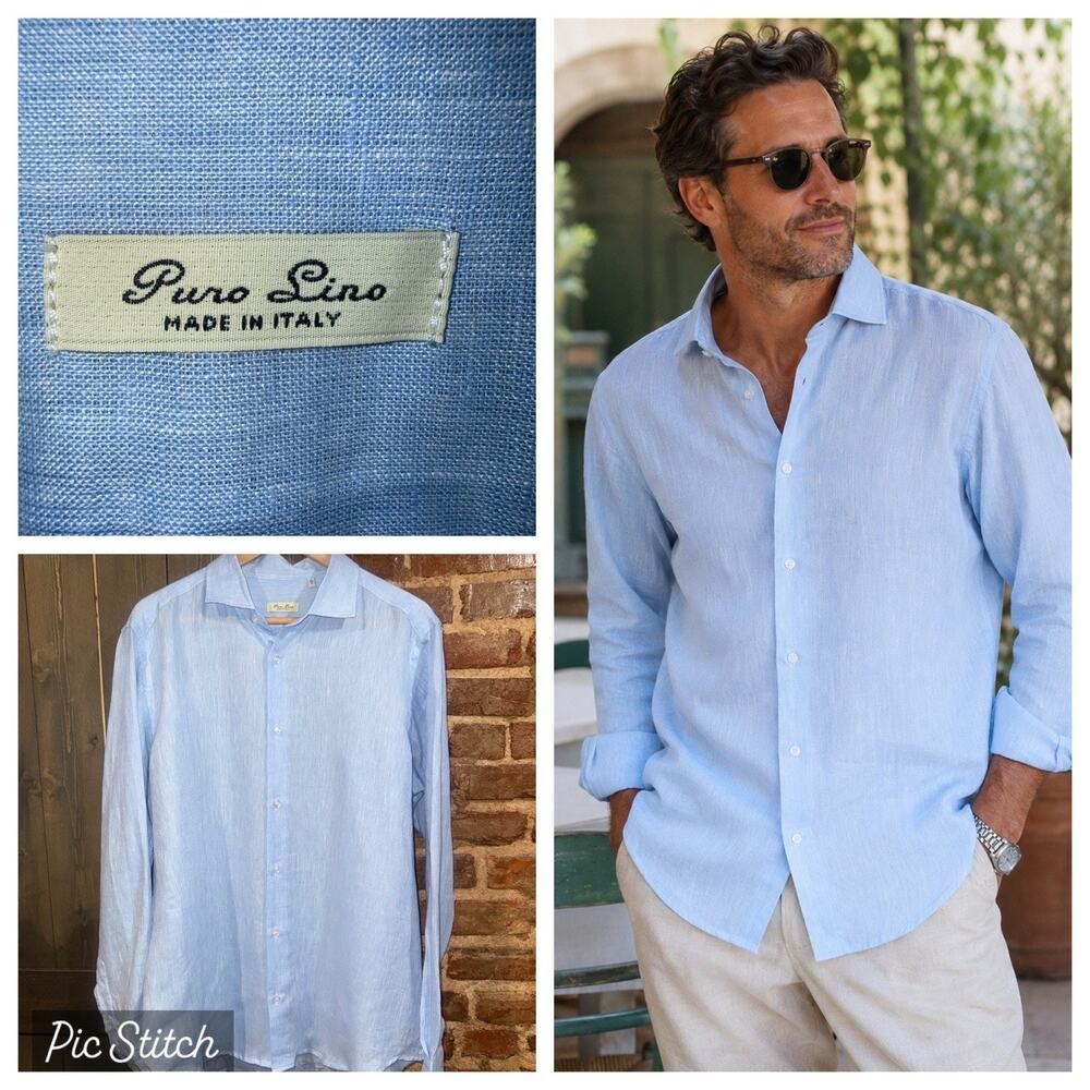 Puro Lino Men Button Up Shirt Powder Blue Linen Made In Italy 43/17 XL Wedding